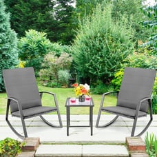3PCS Patio Rattan Rocking Chair Table Furniture Set Yard Cushion Gray