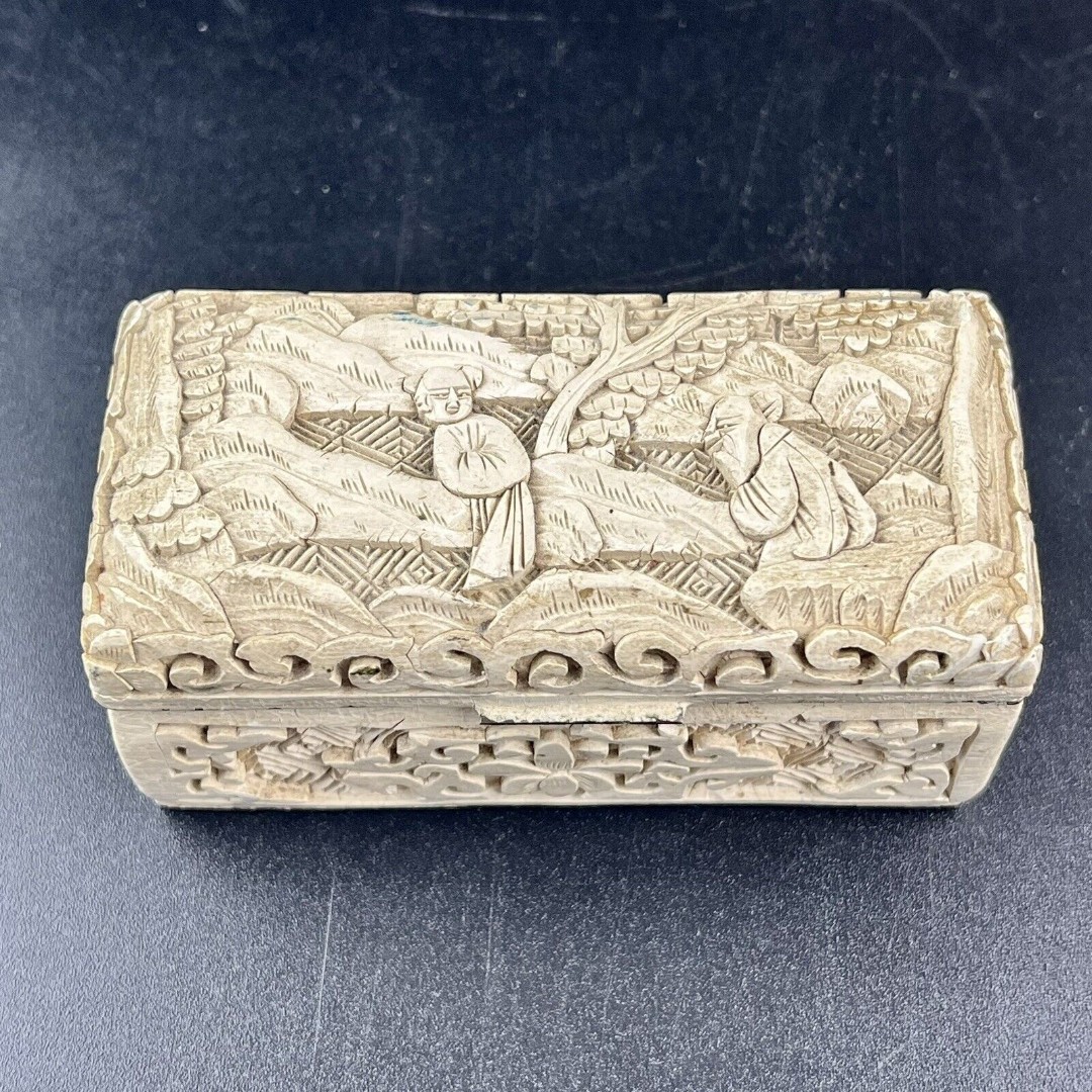 Antique Chinese Hand Carved Cinnabar Ivory Lacquer Metal Box - Sloped Interior