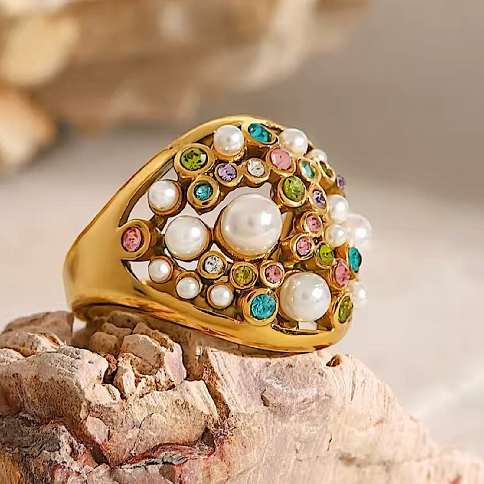 Gold Plated Multicolor Zircon, Pearl Statement Ring