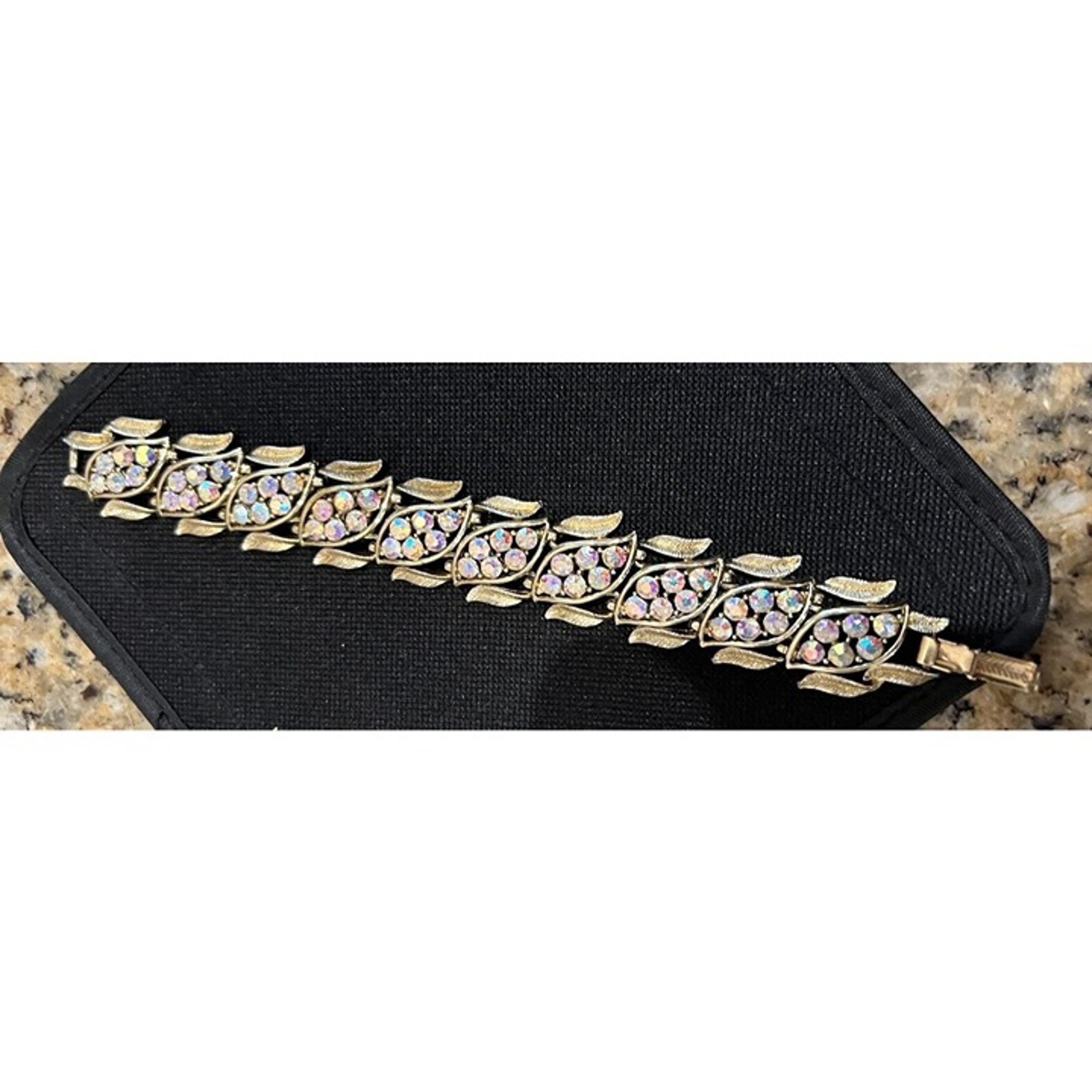 Coro Panel Bracelet Gold Tone Leaves AB  Rhinestones Vintage Signed