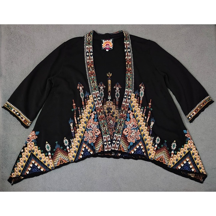 Johnny Was Delphine Embroidered Boho Cardigan Size M Draped Front Aztec