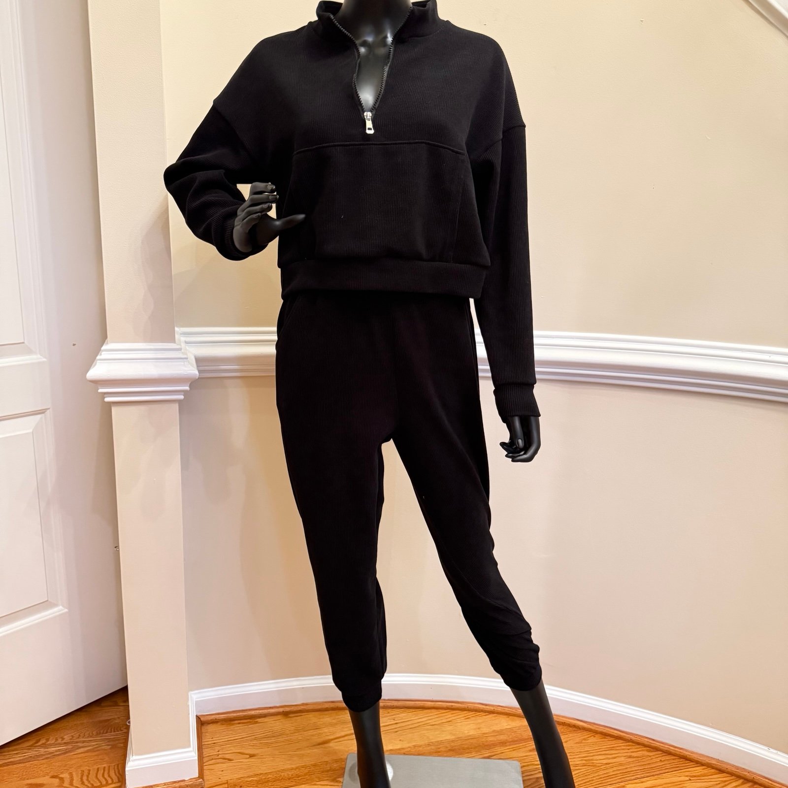Two Piece Ribbed Set Tracksuit Sport Set Gym Crop Top Mock Neck Blouse Pants