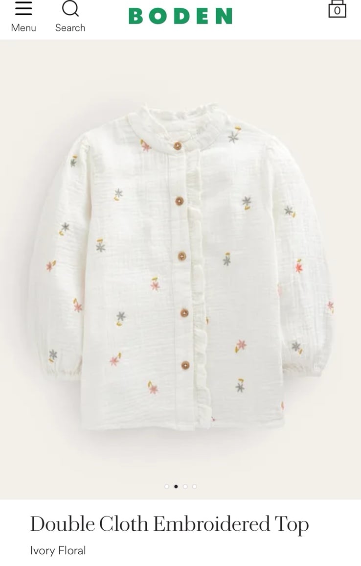 NWT Boden Double Cloth Embroidered Top Ivory Floral Girl’s Size 11-12y