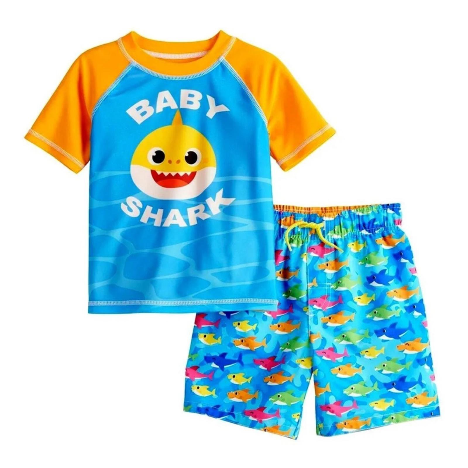 NWT PinkFong 2-Piece Baby Shark Swim Trunks Rash Guard Shirt Shorts Set Size 4T