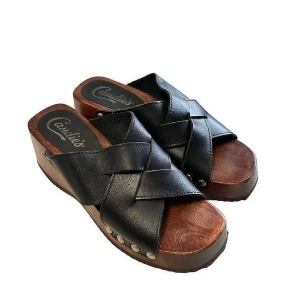 Vintage Candie's Leather Wooden Clog Sandal Women's 7 Black Brown Studded Y2K
