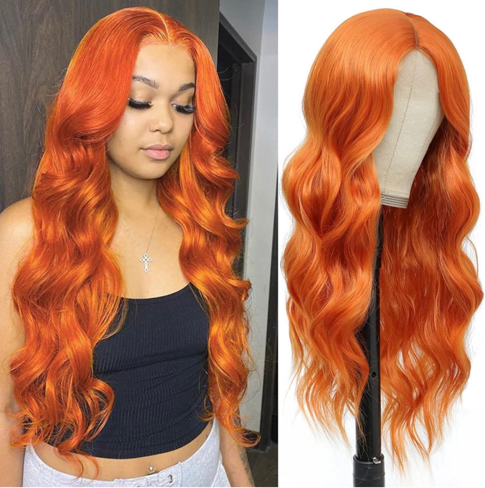 Human hair blend lace front ginger orange wave wig