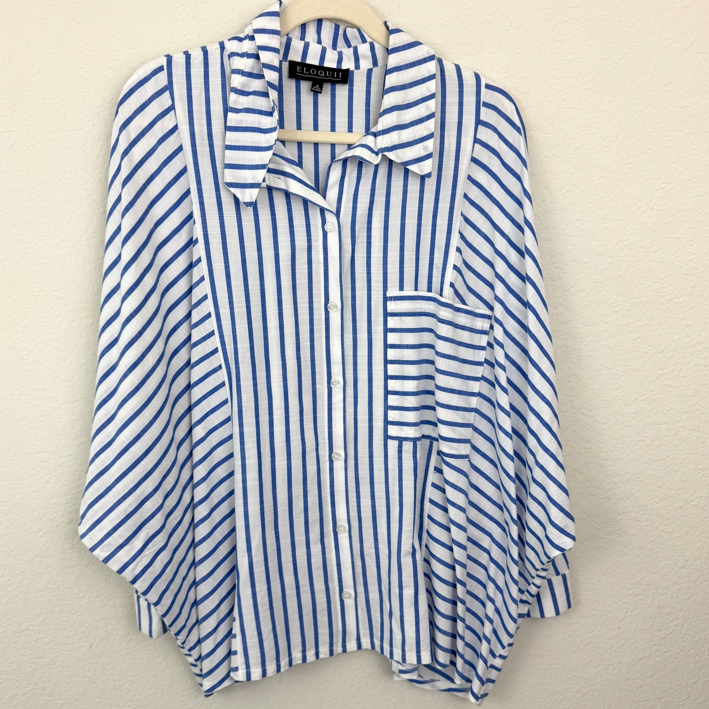 Eloquii Womens Button Front Shirt Top Size 18 Striped Batwig Sleeve Cotton Blue