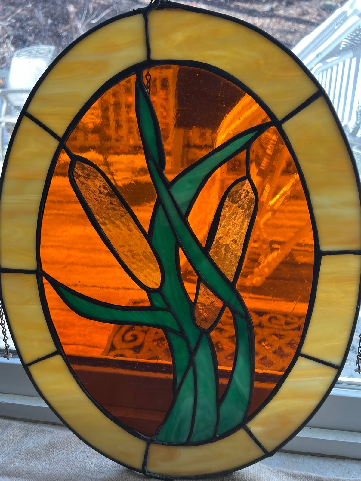 Antique Cattails Stained Glass Suncatcher 17x13.5