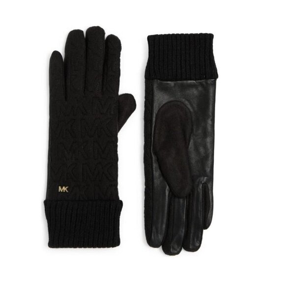 Michael Kors Logo Womens Black Quilted Knit Leather Trim Gloves Sz M NWT