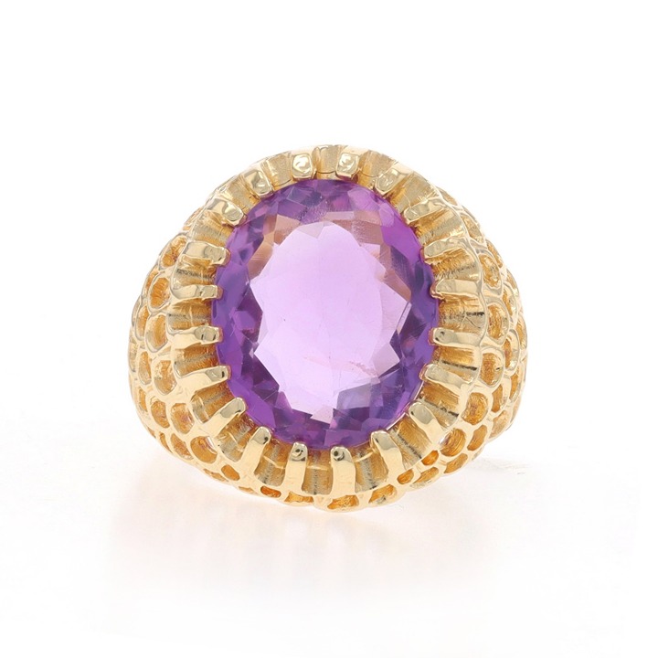 Yellow Gold Amethyst Cocktail Solitaire Ring - 14k Oval 5.18ct Floral LX0800