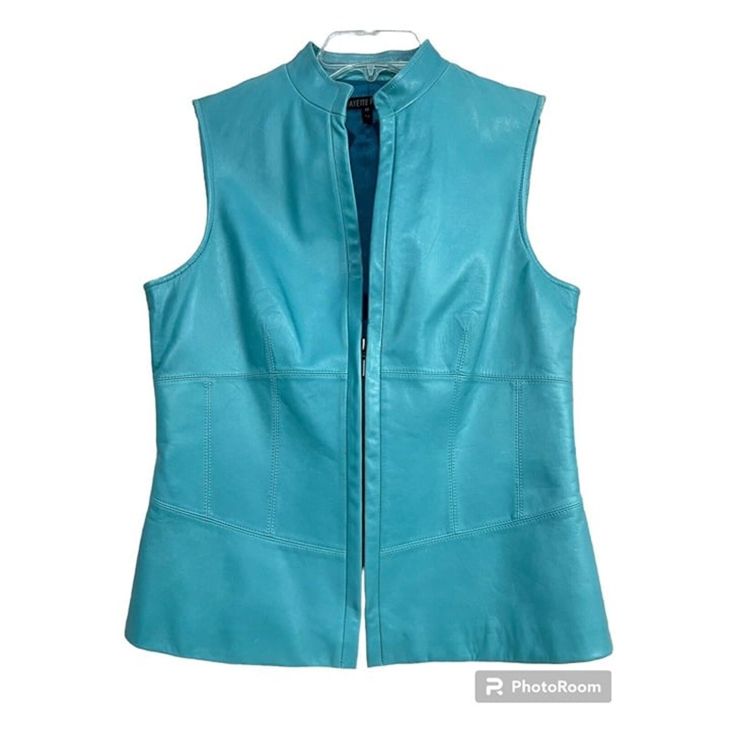 Lafayette 148 New York Women 100% Leather Vest Size 10 Teal Blue Zippered Front