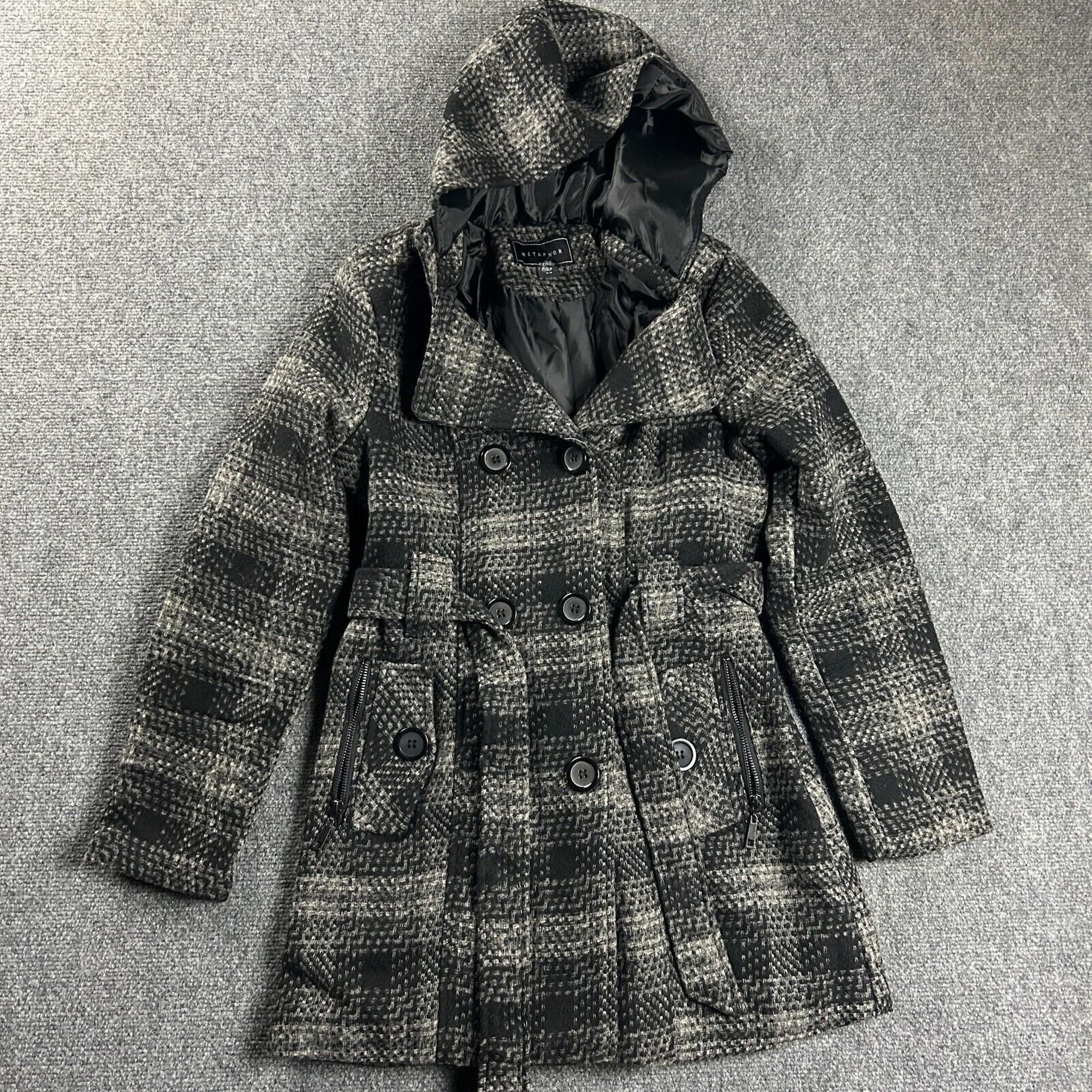 Metaphor Coat Womens Medium Gray Plaid Peacoat Hooded Polyester Wool