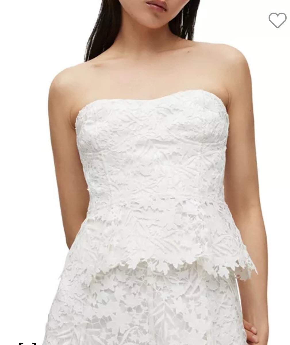 NWT, All Saints Sienna Broderie Strapless Lace Peplum Top in Chalk White, Sz 10