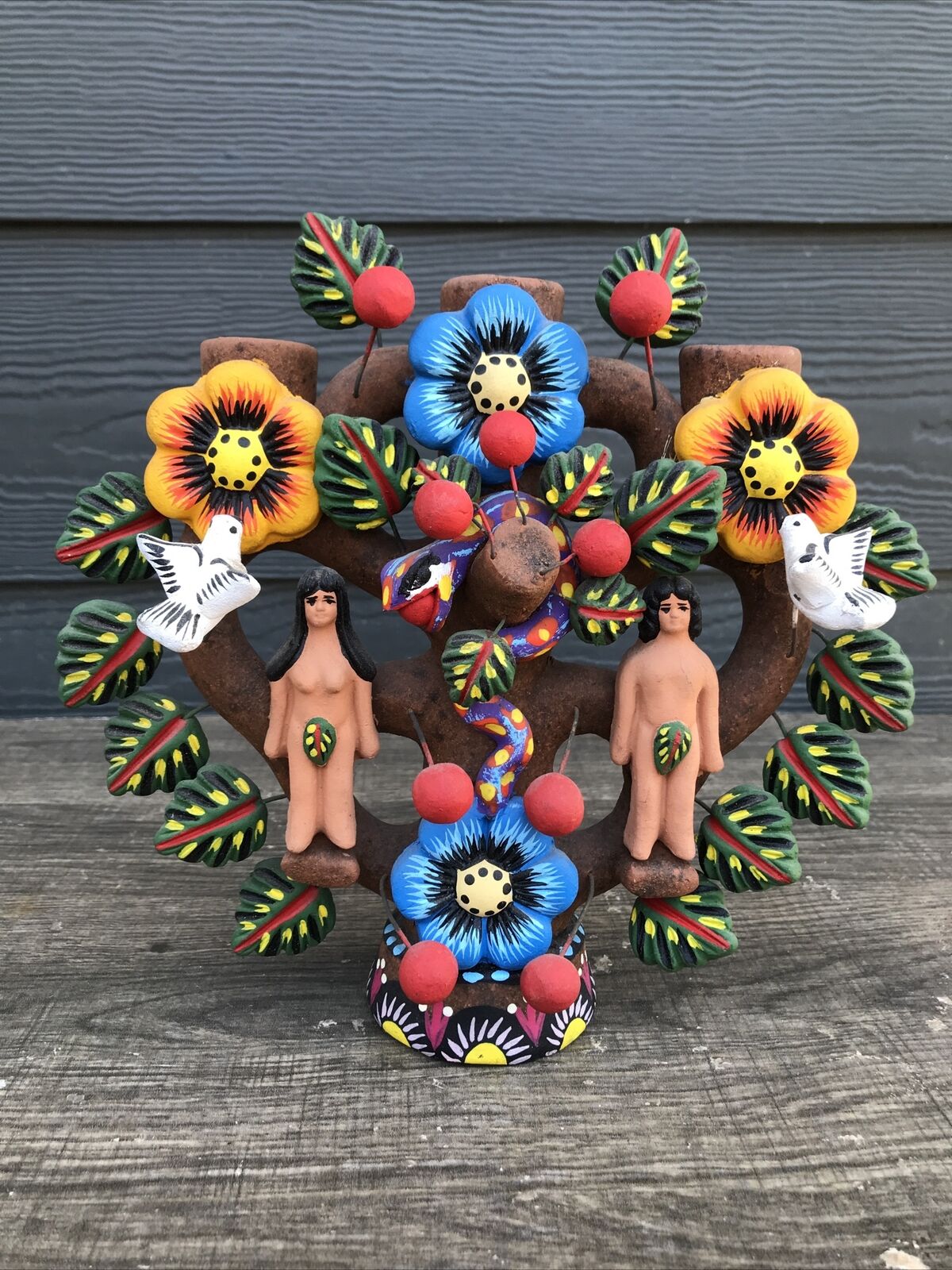 Vintage Mexican Pottery Folk Art Adam & Eve Tree Of Life Candelabra 9”x 8.5”