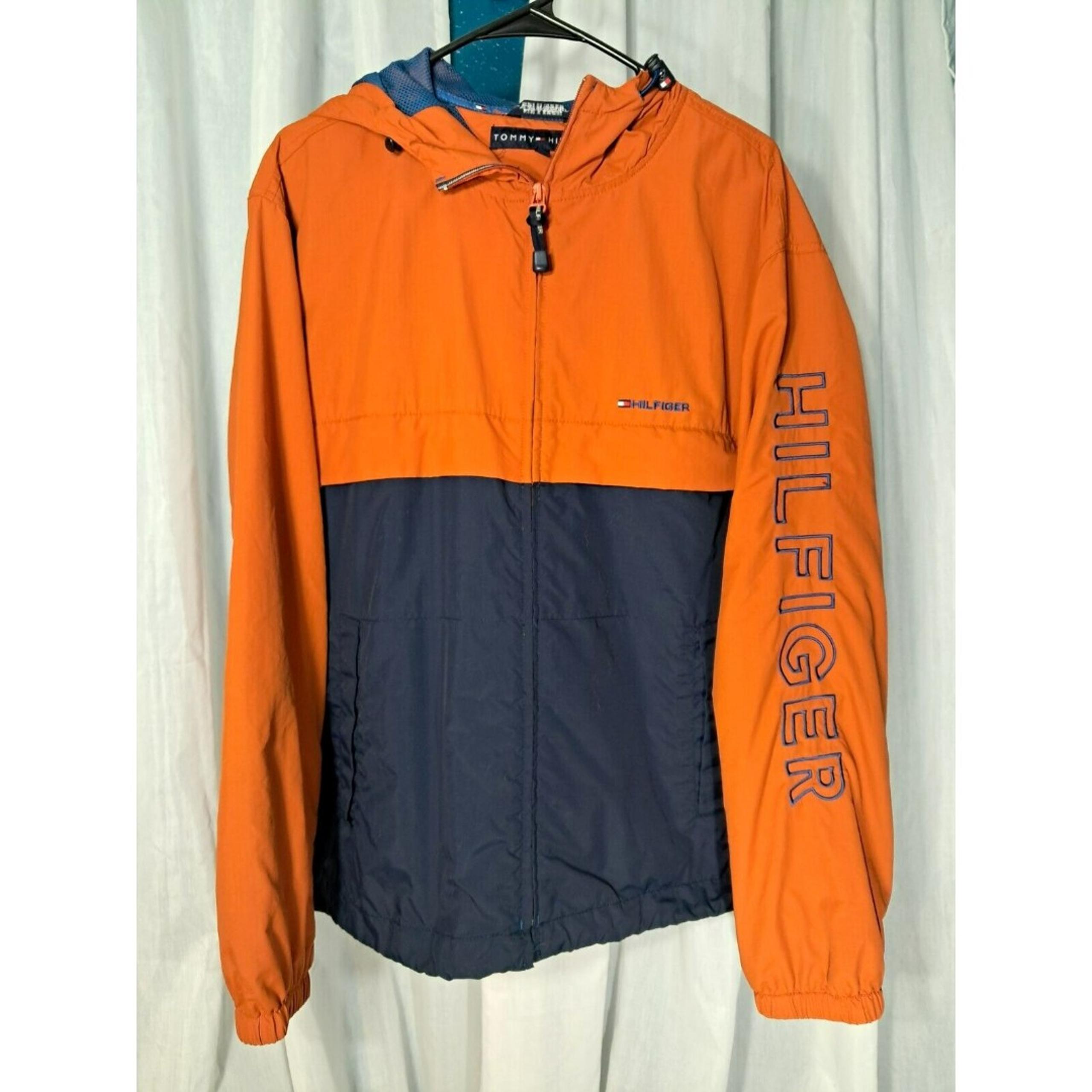 Y2K 2001 Tommy Hilfiger Mens Jacket Size L Windbreaker Hooded Zip Up Orange Blue