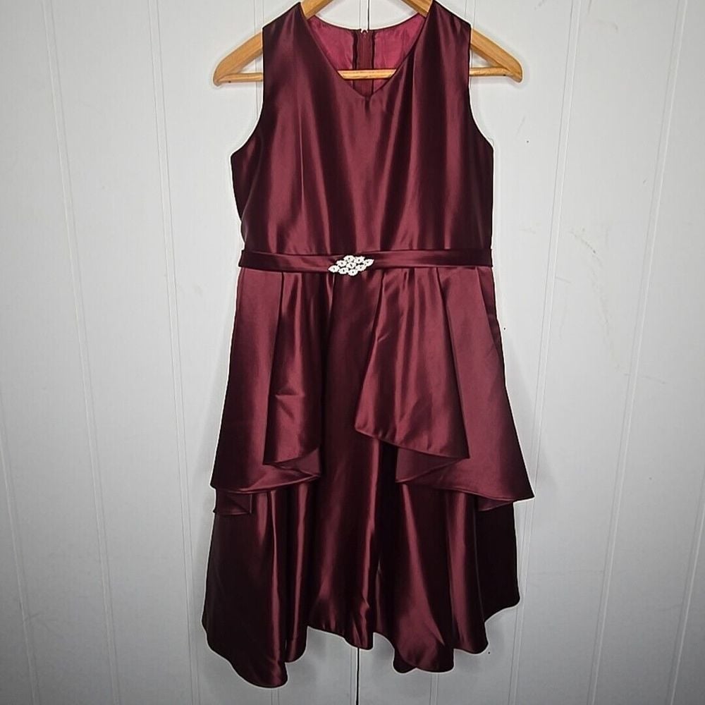 Good Girl Burgundy Girls Formal Party Dress Sz 16 Embellished Side Ruffles Vneck