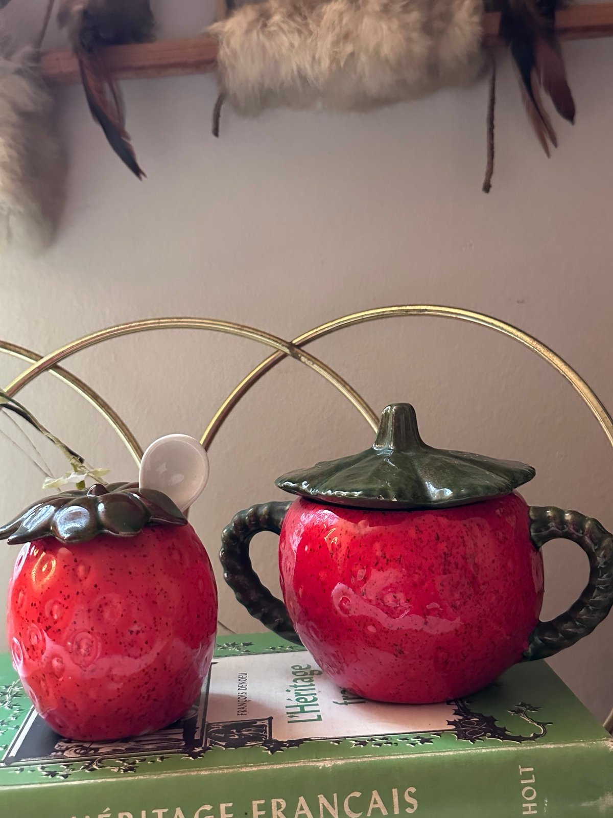 Vintage set of 2 Ceramic Strawberry sugar bowl and creamer