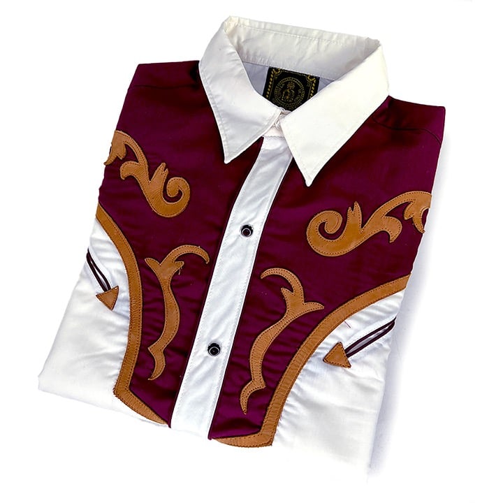 Espuela de Oro Vintage White & Burgundy Western Shirt with Leather Trim