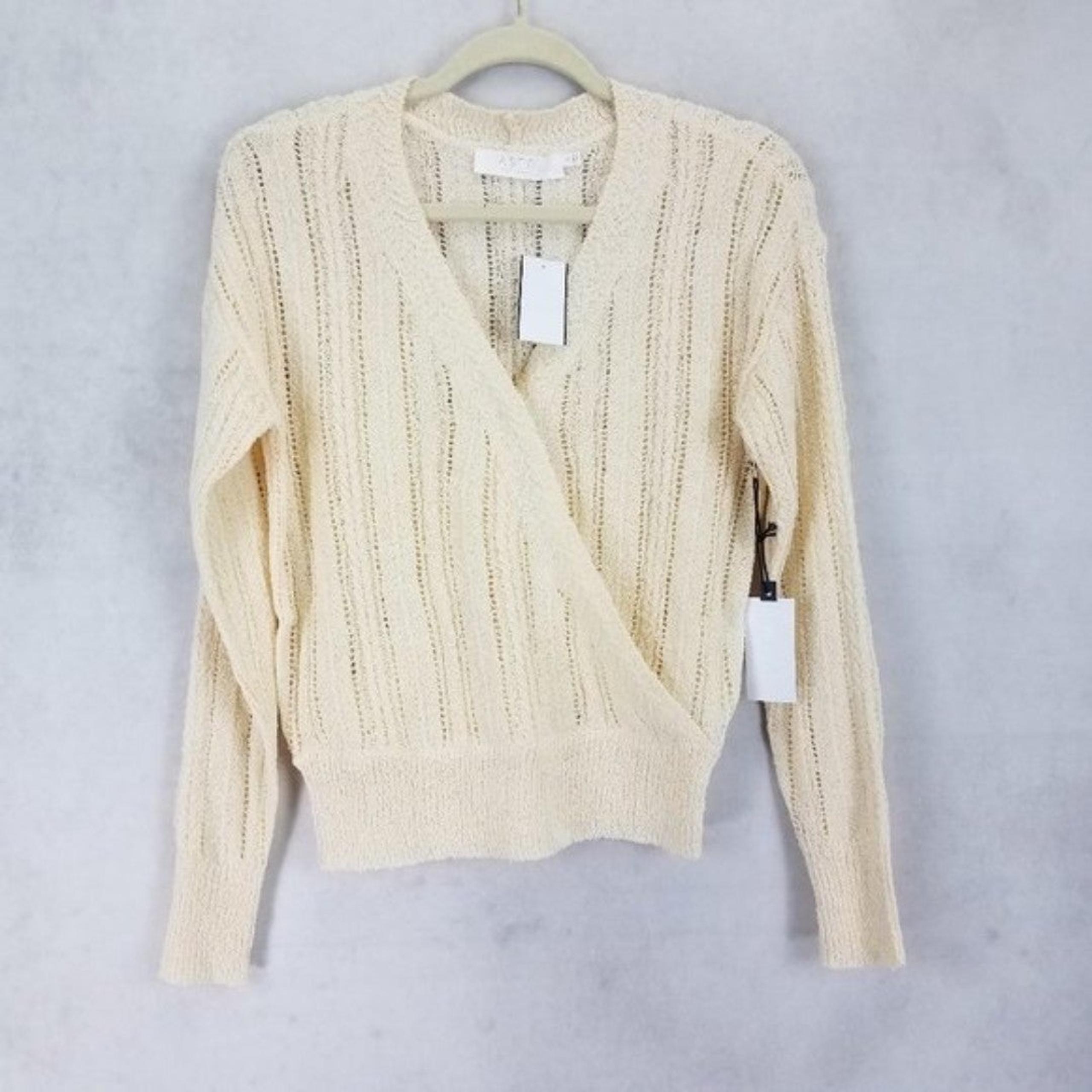 NEW XS Faux Wrap V-neck Pointelle Knit Pullover Sweater in Beige Cream - ASTR