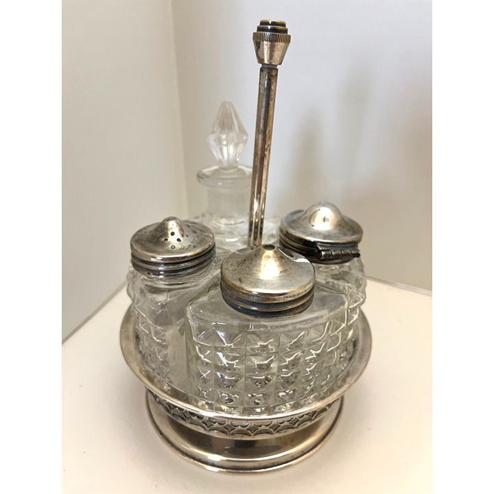 Antique Cruet Set 4 Pressed Glass Containers Celtic Quality Plate Rotating Base