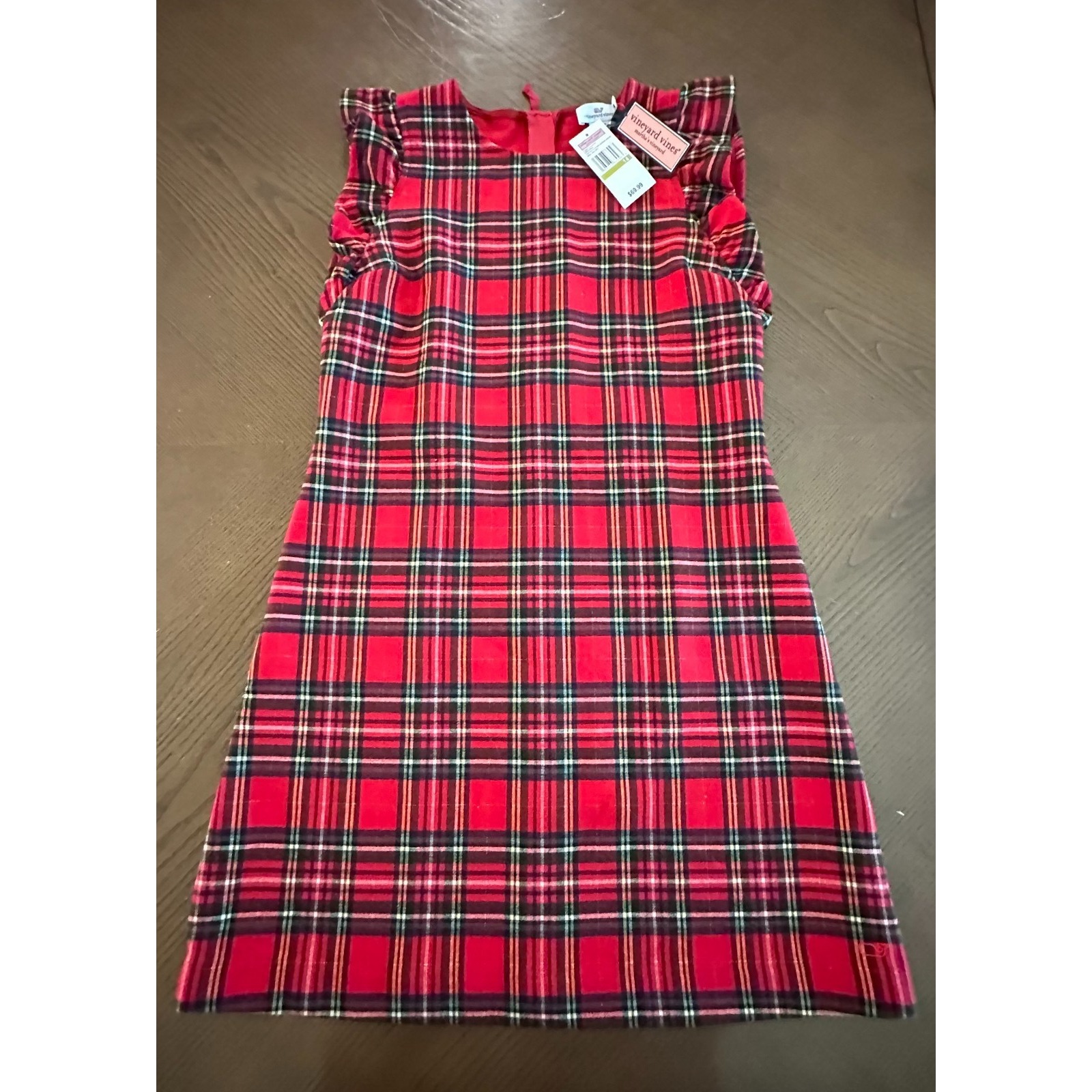 Vineyard Vines Red Tartan Plaid Dress Size 14 Metallic Thread Flutter Sleeve