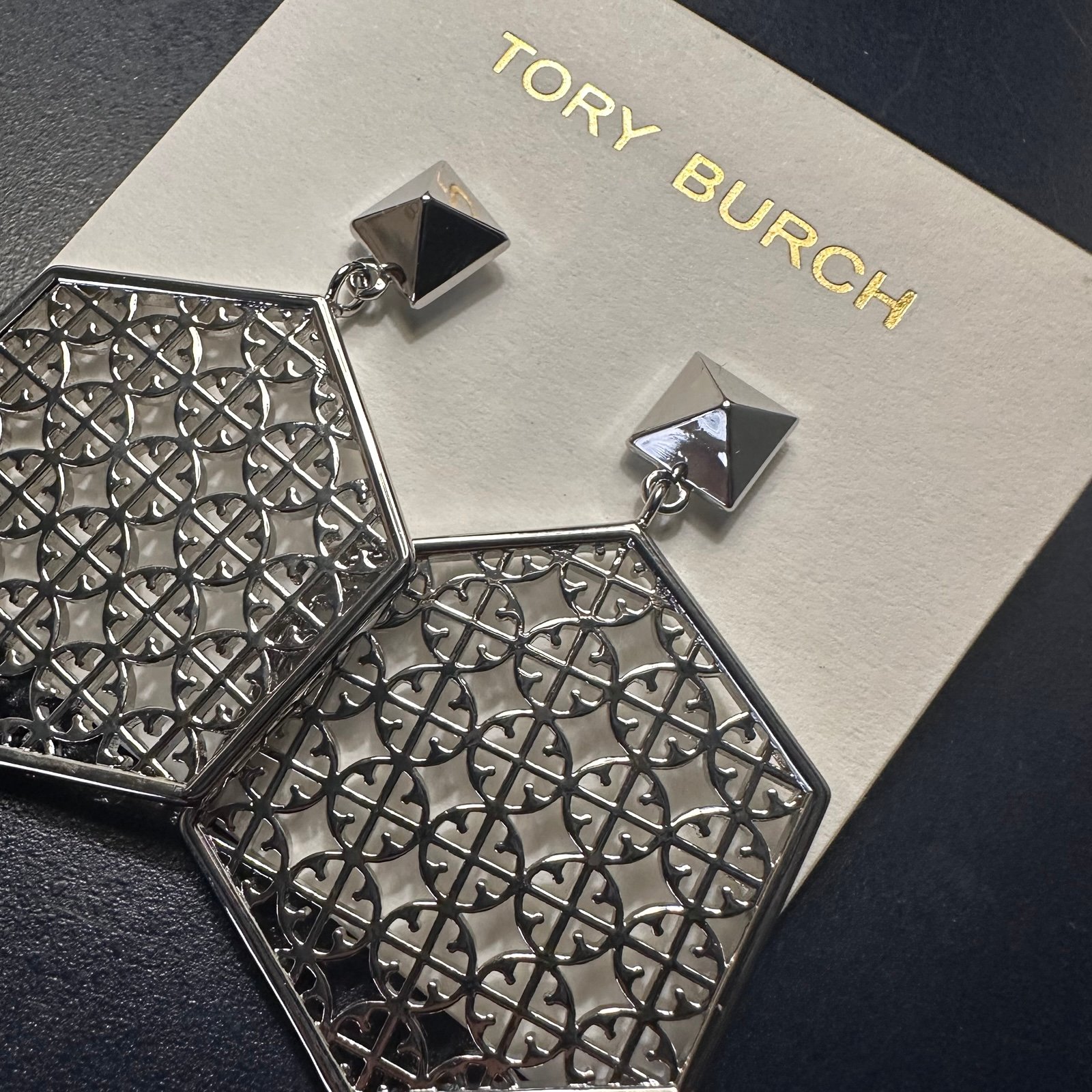 NEW Tory Burch Authentic Silver Hexagon Perforated Drop Earrings w Earring Card