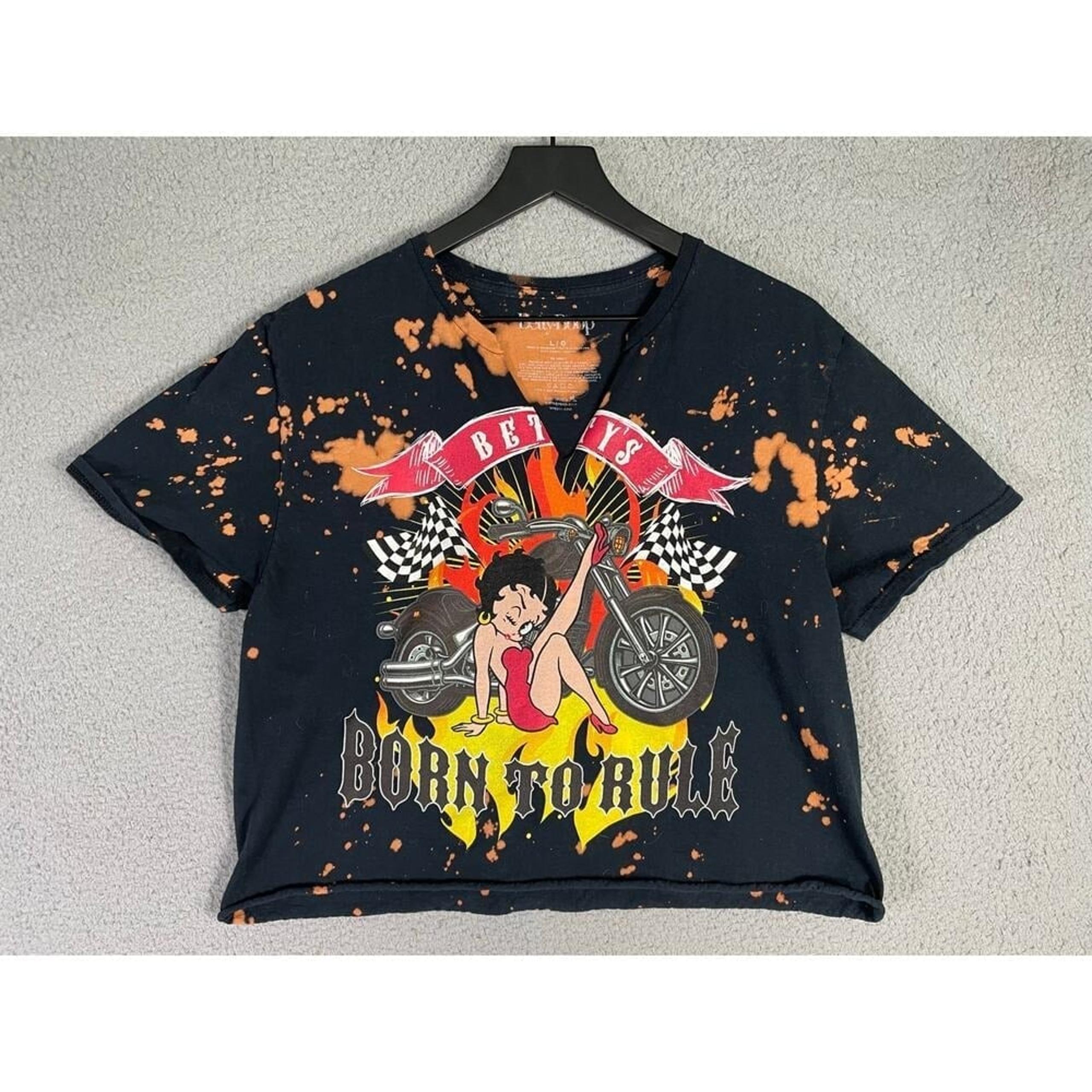 Betty Boop Born to Rule Bleach Dyed Distressed T-Shirt L.I.G Large Black Orange