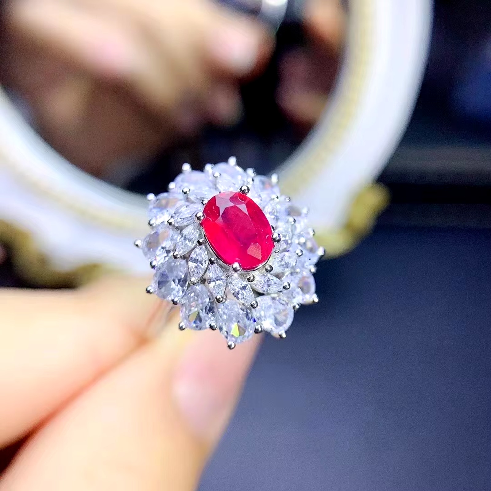 Burma Ruby Statement Ring, Natural Ruby Ring Sterling Silver 5x7mm