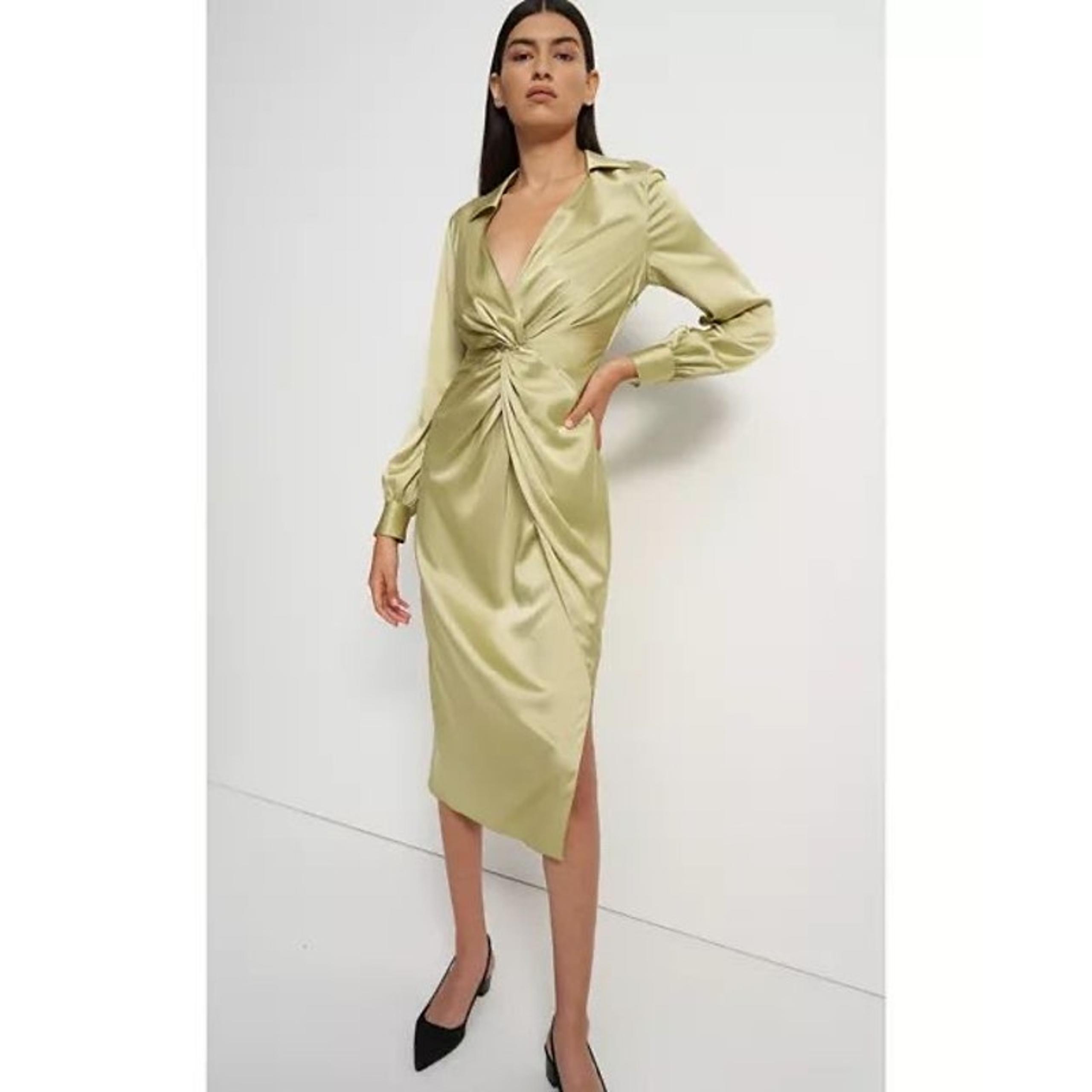 Theory Twist Front Satin Midi Dress in Lime Green sz 00