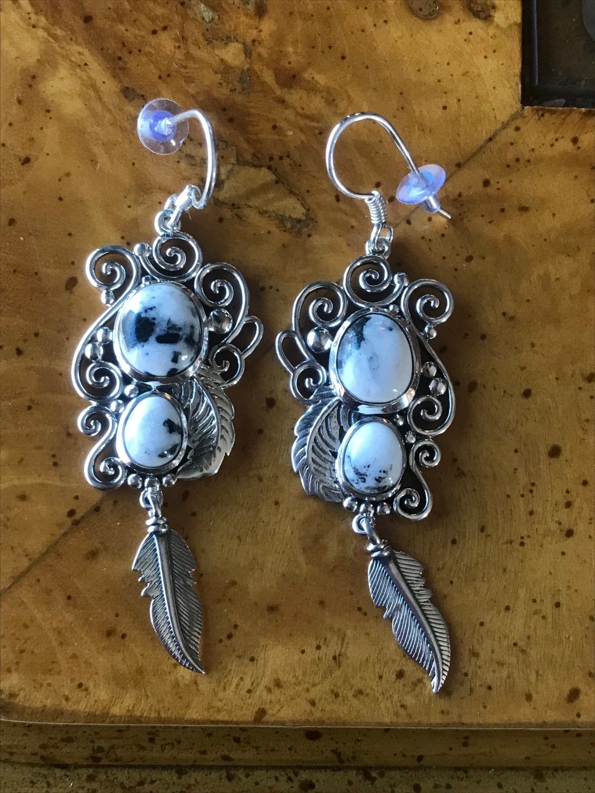 White Buffalo Turquoise Sterling Silver Feather Earrings