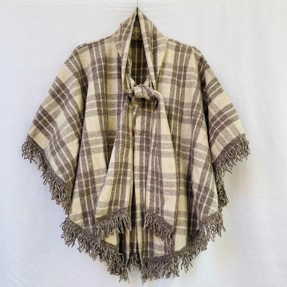 Plaid Shawl Womens One Size Wrap Cape Poncho Tie Fringe Blanket Winter Cozy