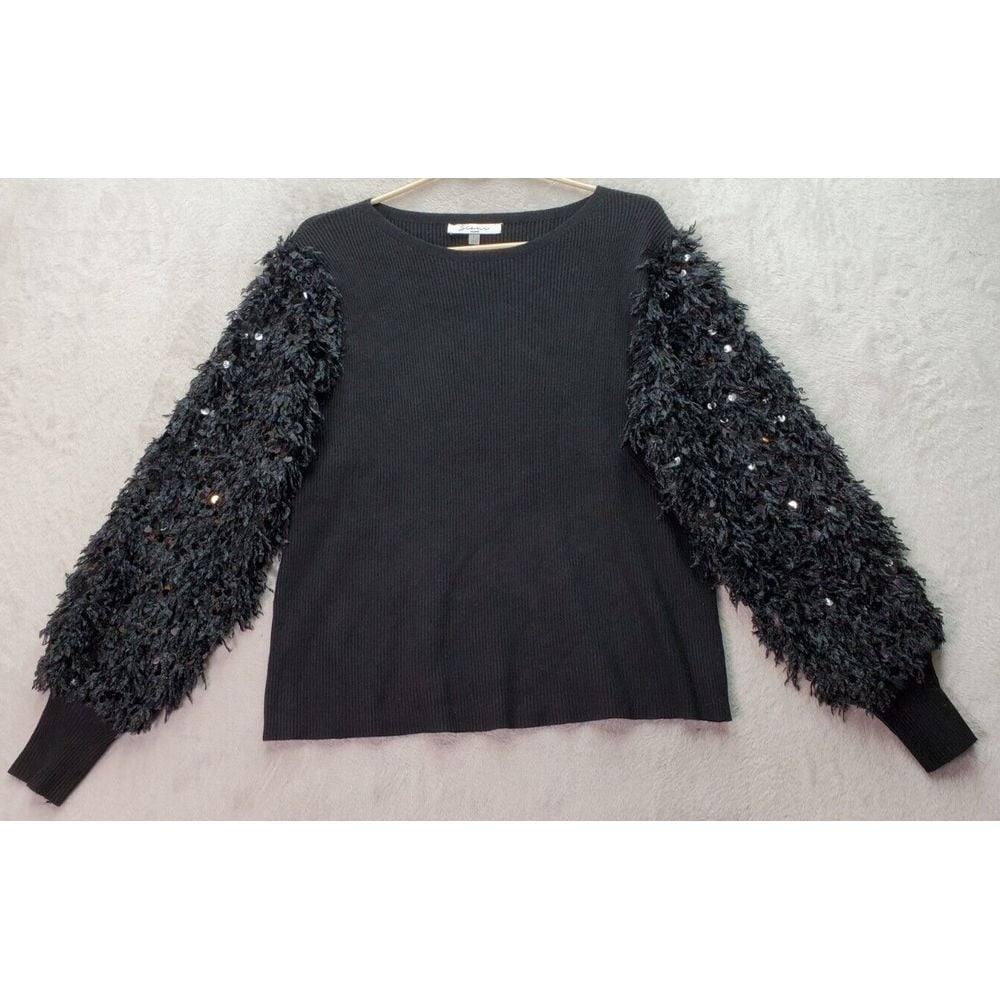Siani Milano Sweater Women Large Black Knit Sequin Fluffy Long Sleeve Round Neck