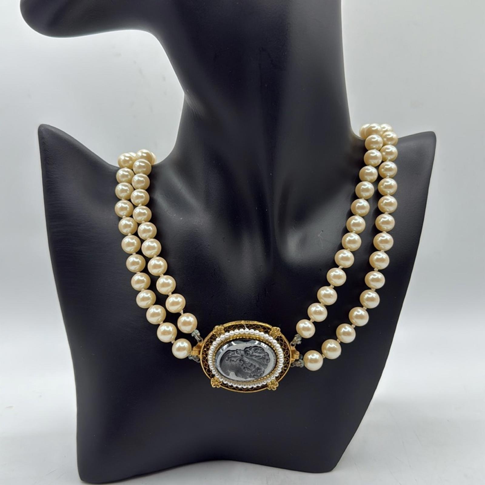 Vtg Menorca Hematite Cameo Clasp Brooch White Pearl Necklace Jewelry Victorian