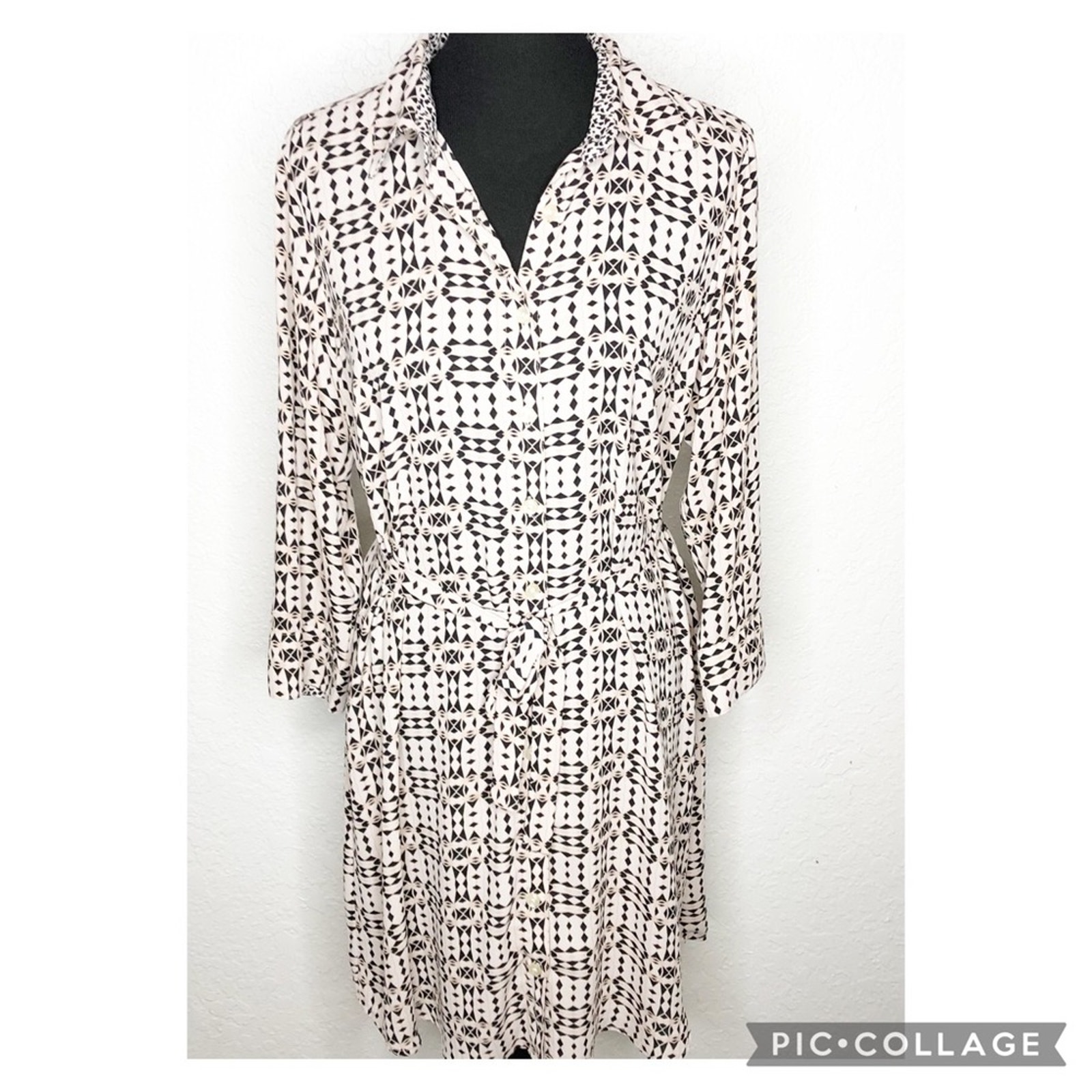 Cabi cream black geometric graphic belted shirt dress size Large #784