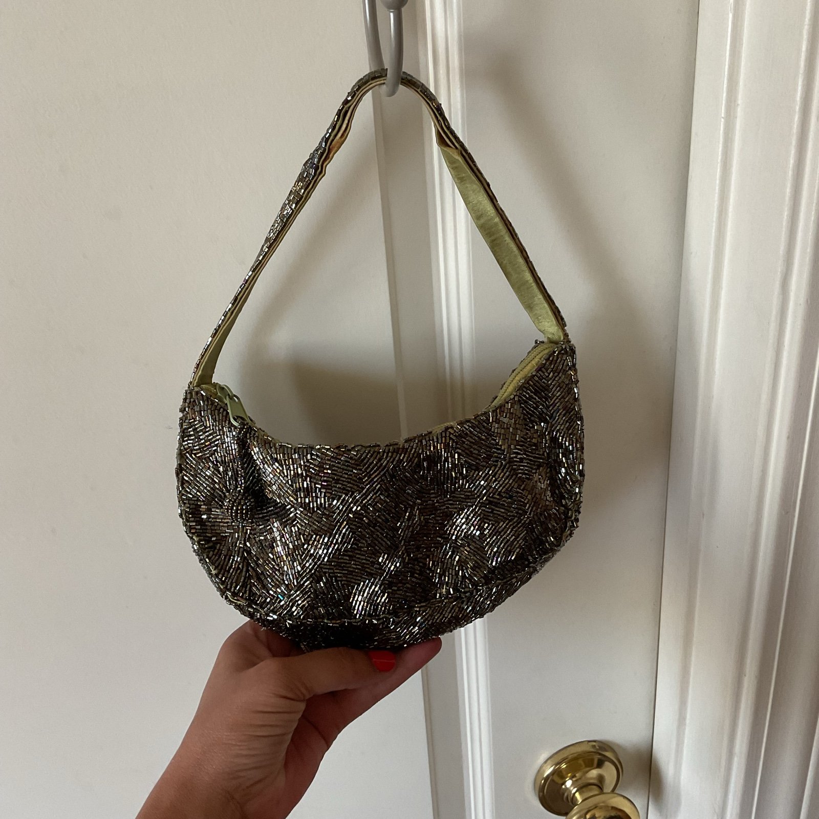 Beaded “NiteBags” olive green vintage bag