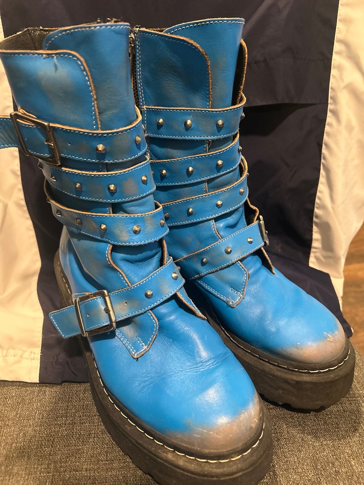 Steve Madden Sarge Blue Leather Combat Platform Zip Y2k Chunky Mid Calf Boots 11