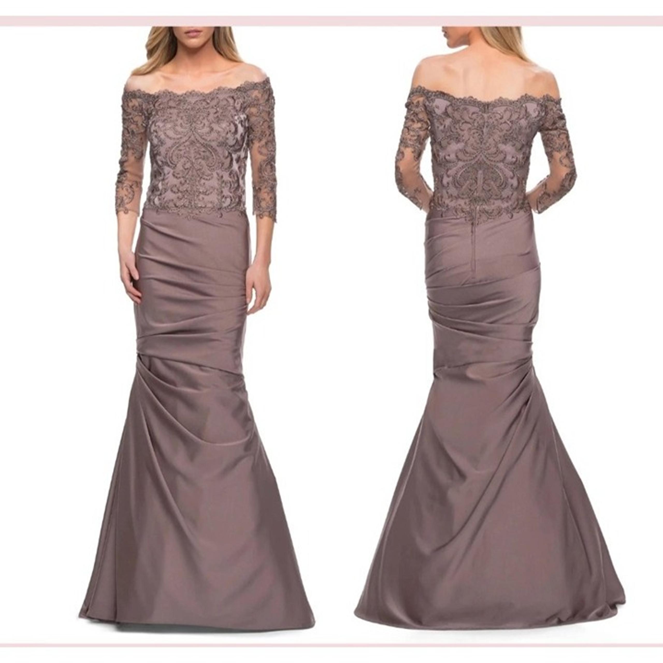 La Femme Off-The-Shoulder Gown With Lace Bodice & Satin Skirt Size 12 Mauve