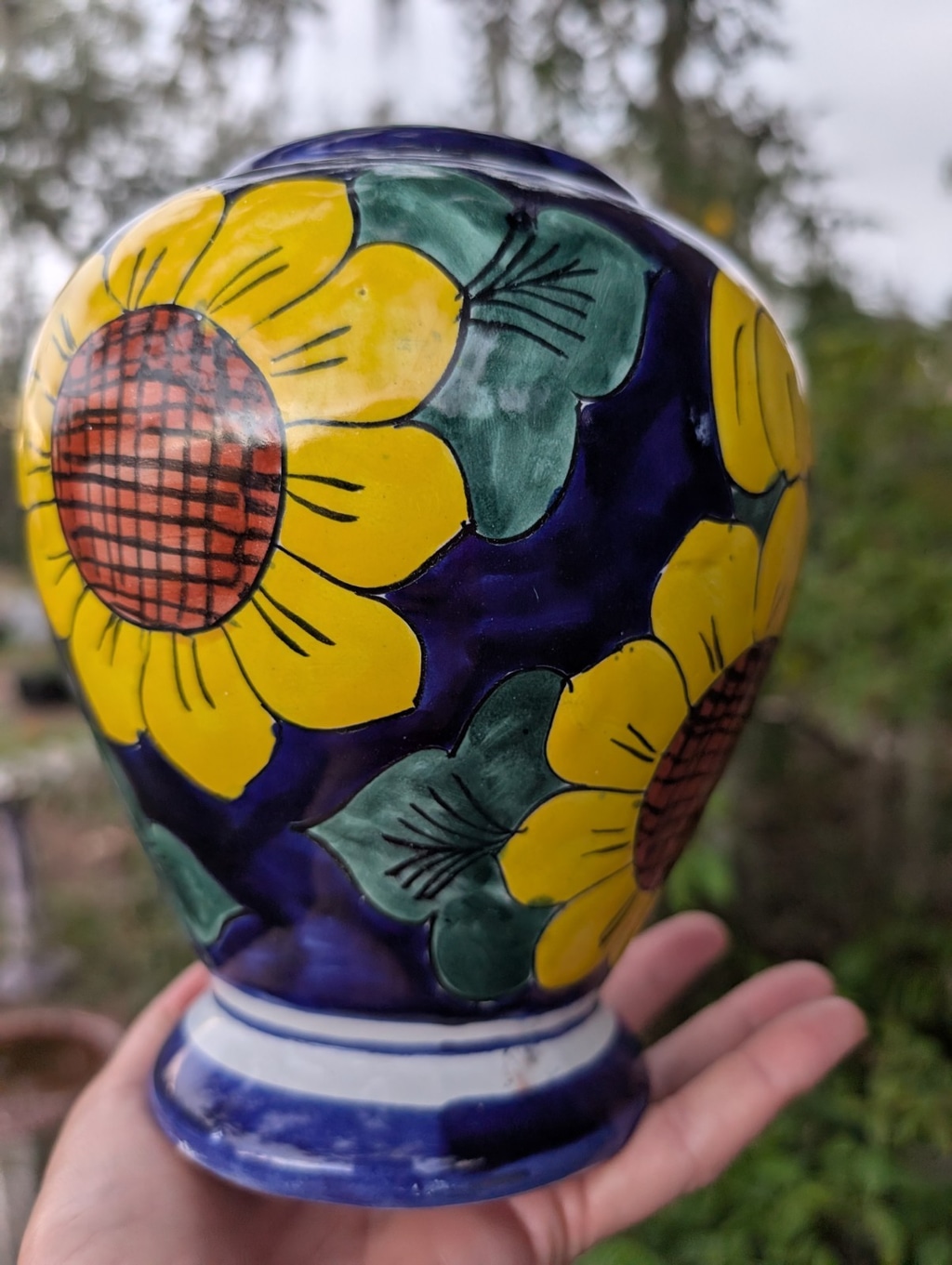 Vintage Mexican Pottery Hand Painted Sunflower Vase Cobalt 7” Tall Blue Yellow