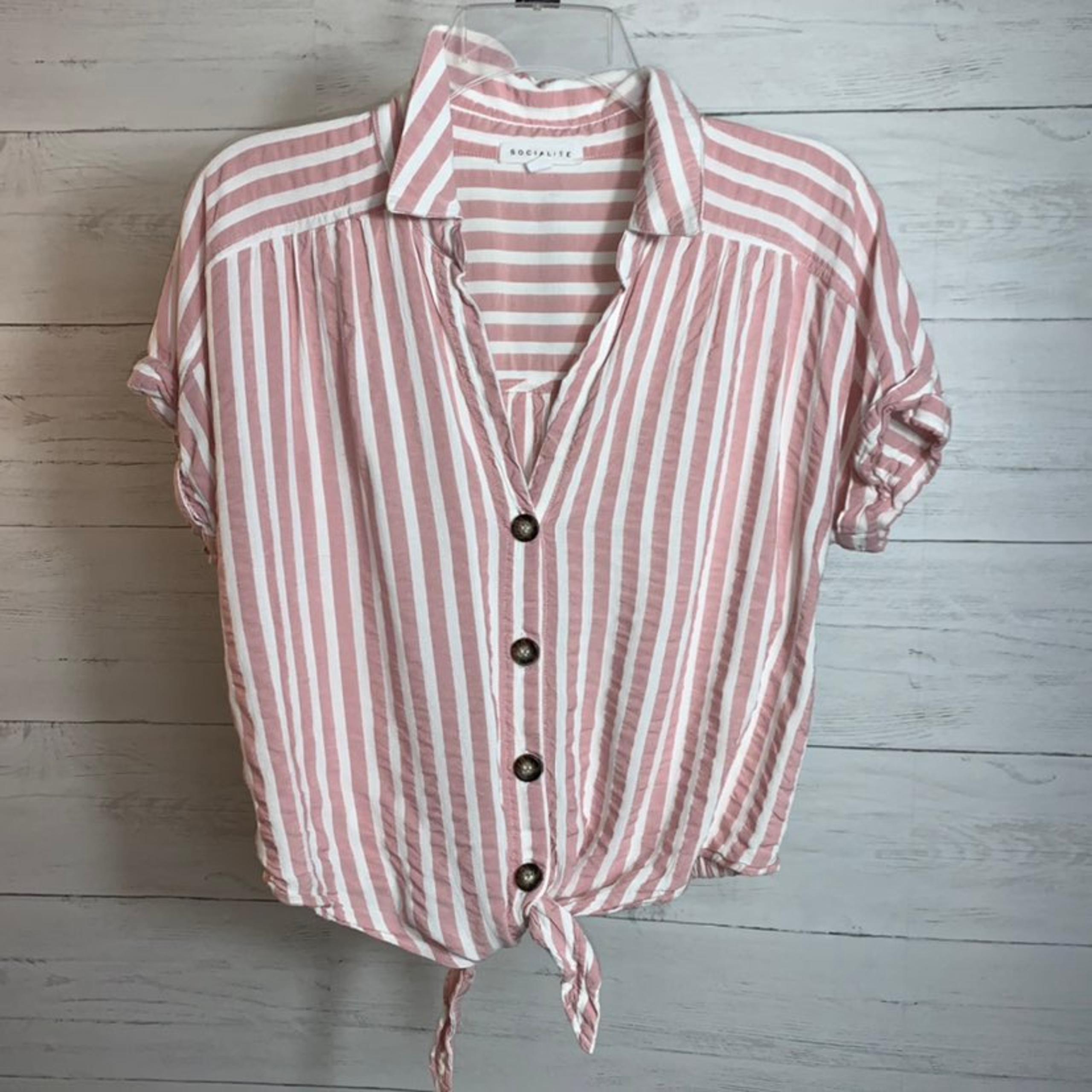Socialite striped rayon tie front crop top pink/white size XS