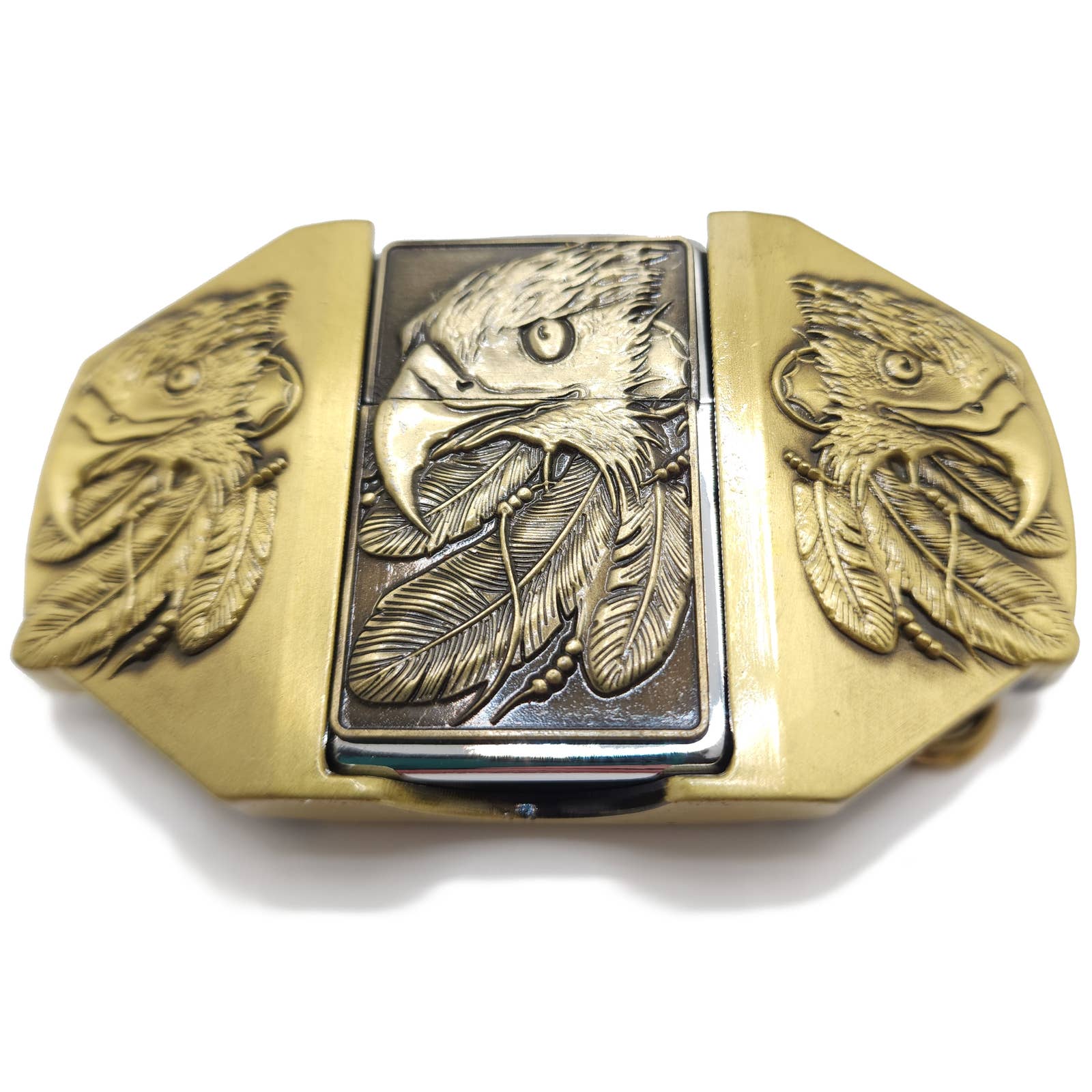 Triple Eagle Bronze Lighter Belt Buckle / Flip Style Lighter Holder Buckle