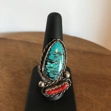 Vintage Large Womens Sterling Silver Turquoise and Coral Ring Size 10.5
