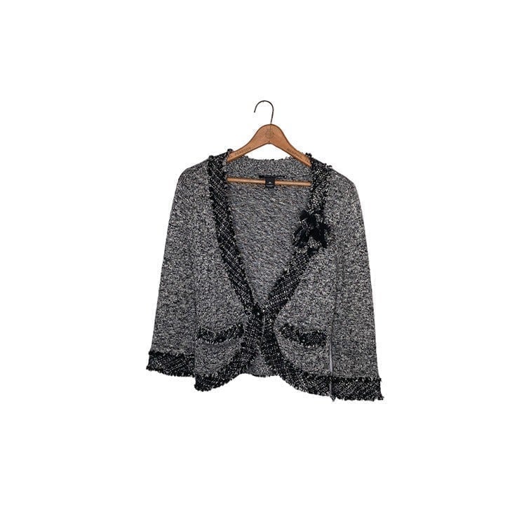 White House Black Market XS Shimmer Knit Tweed Fringe Trim Cardigan Sweater WHBM