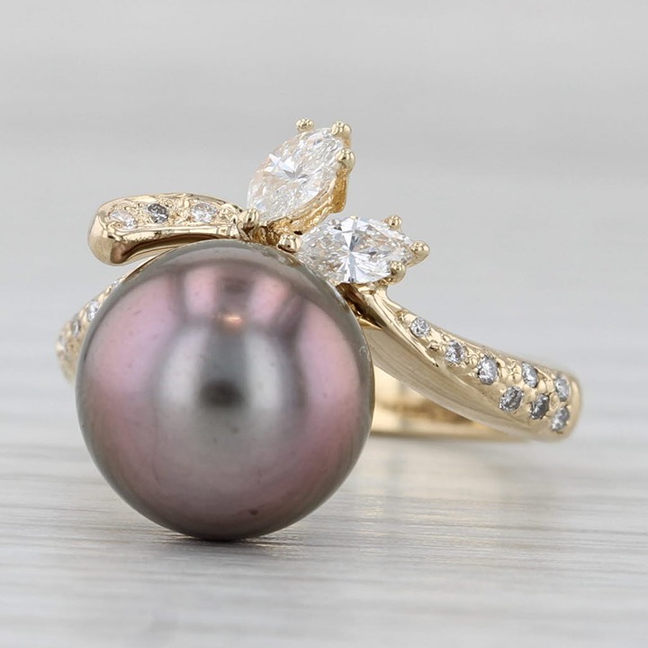 Cultured Black Pearl 0.26ctw Diamond Ring 14k Yellow Gold Size 4