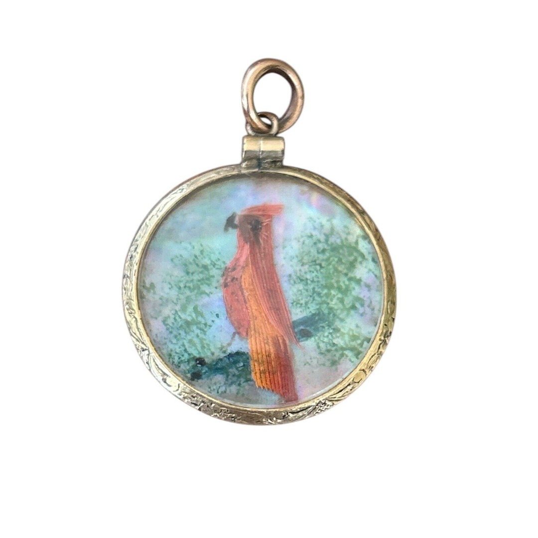 Victorian Era Double Sided Bird Feather MOP Pendant Gold Frame