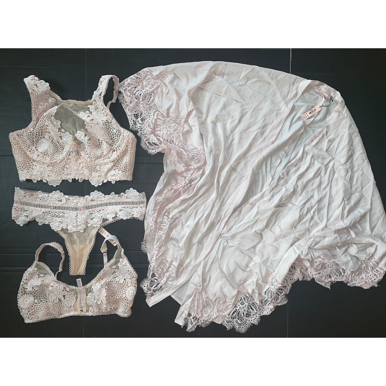 Victoria's Secret unlined 36C BRA SET thong+KIMONO BEIGE pink embroider APPLIQUE