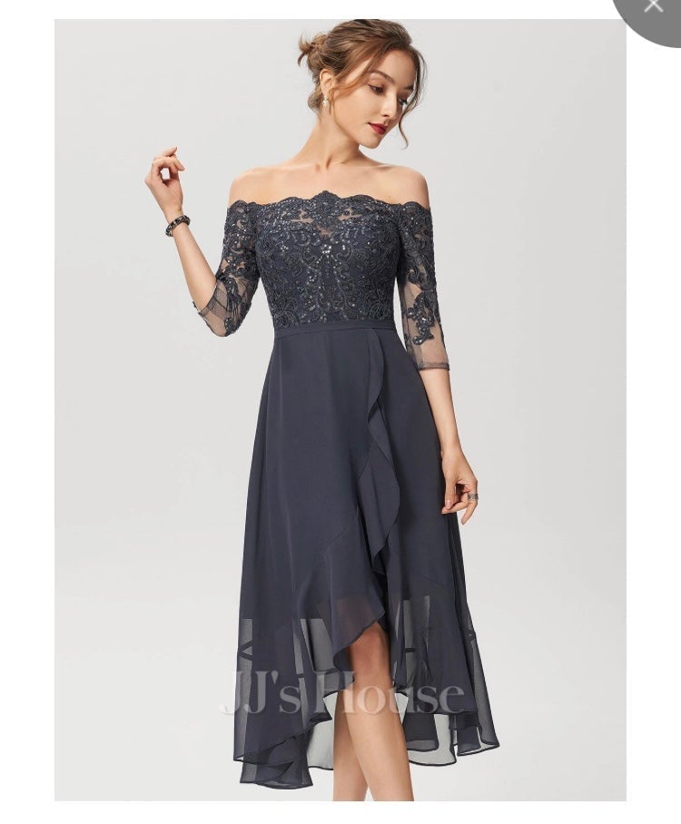 JJ’S House Dress Wedding Guest Off Shoulder Chiffon Lace Black Dres