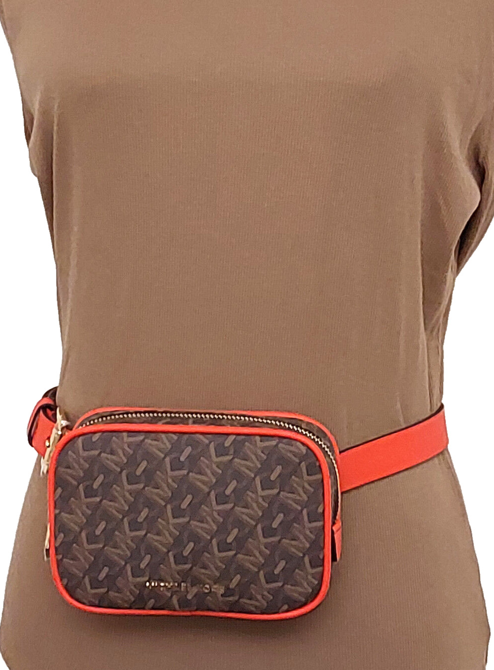Michael Kors MK Monogram Logo Leather Belt Bag Brown Tan Red Belt Size L/XL NWT