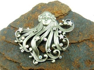 JJ Gypsy Pin Maiden Goddess Signed Pewter RARE Rhinestone Vintage BeadRage