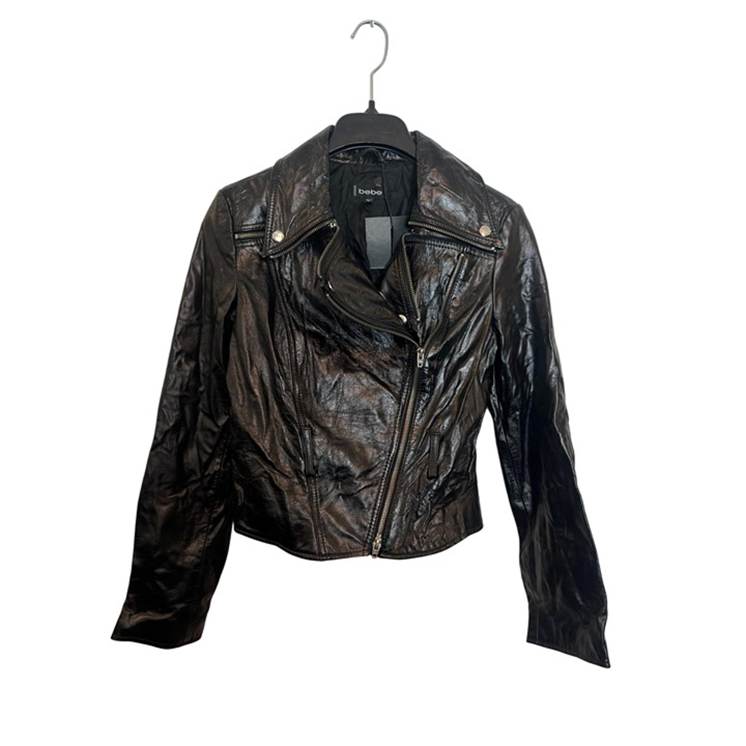 Vintage BeBe Black Genuine Leather Jacket With Zippered Sleeves & Pockets