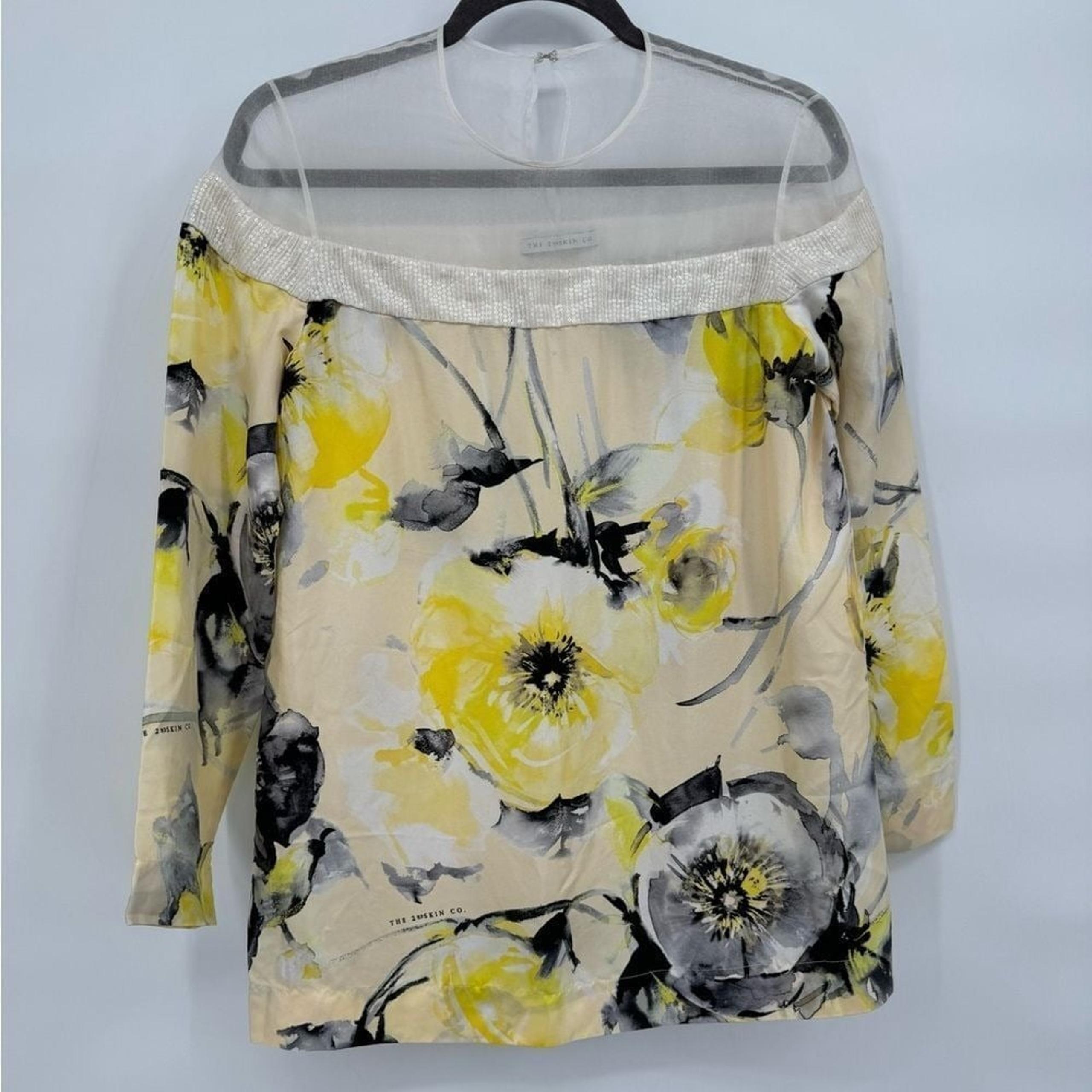 The 2nd Skin Co. Yellow & Black L/S Silk Blend Blouse Sequins Designer Brand